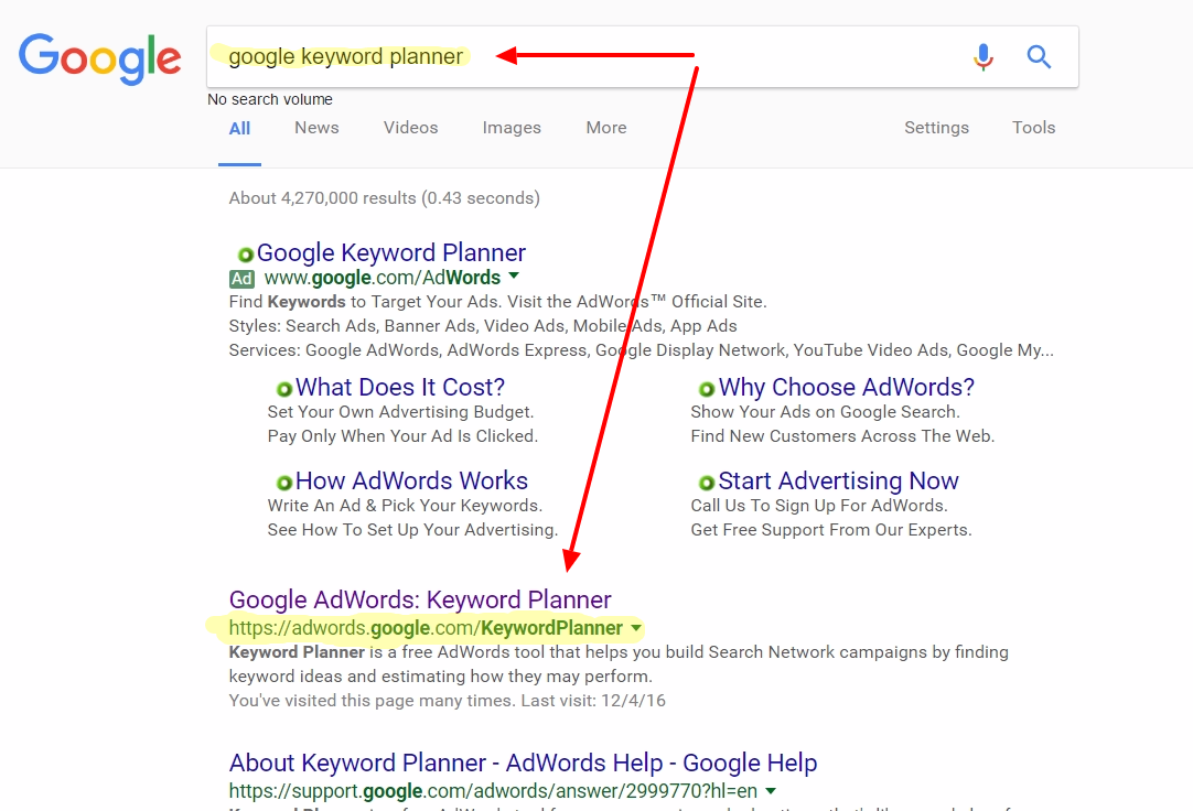 searching for google keyword planner